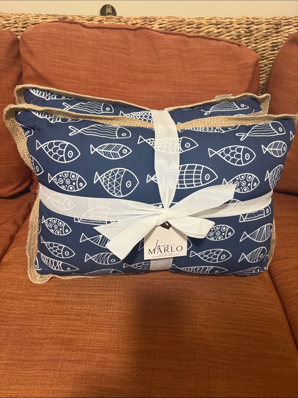 Marlow Blue Fish Pattern Decorative Pillow with Jute Trim
